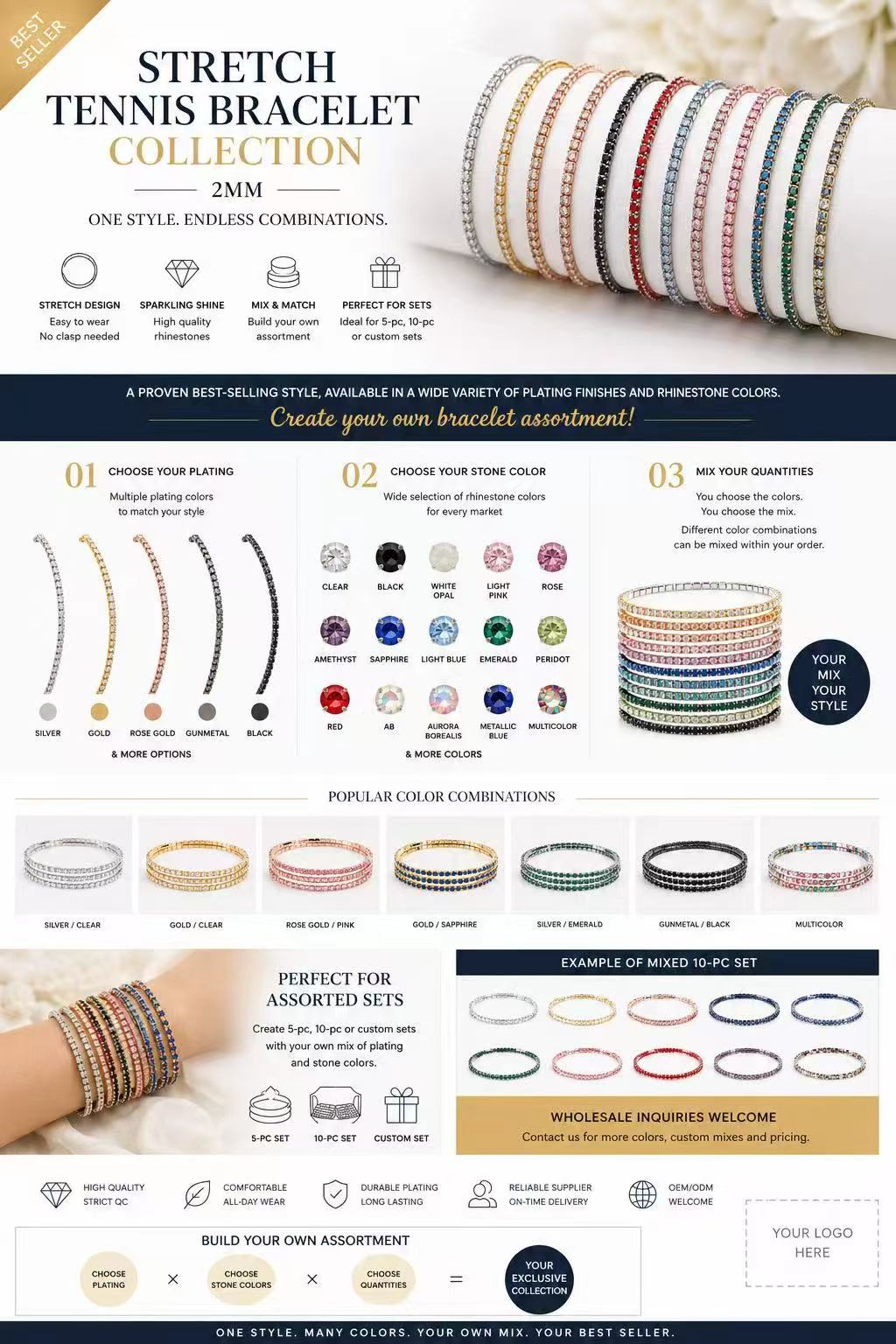 Narrow stretch tennis bracelets in different plating and rhinestone colors, shown in the collection guide
