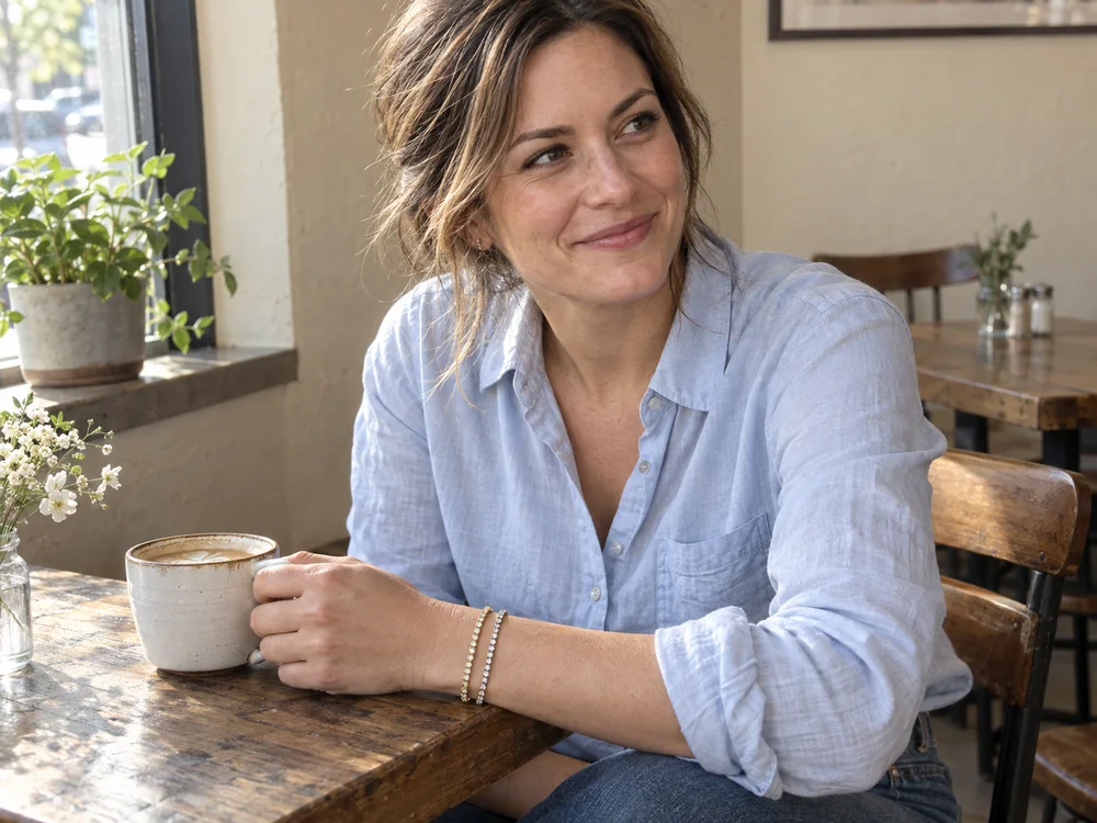 AI-generated adult model wearing fine gold-tone and silver-tone crystal bracelets in a relaxed café setting